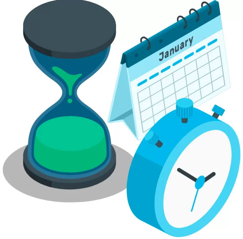 Illustration of an hourglass, calendar, and stopwatch representing the weeks-long NHS shortlisting timeline