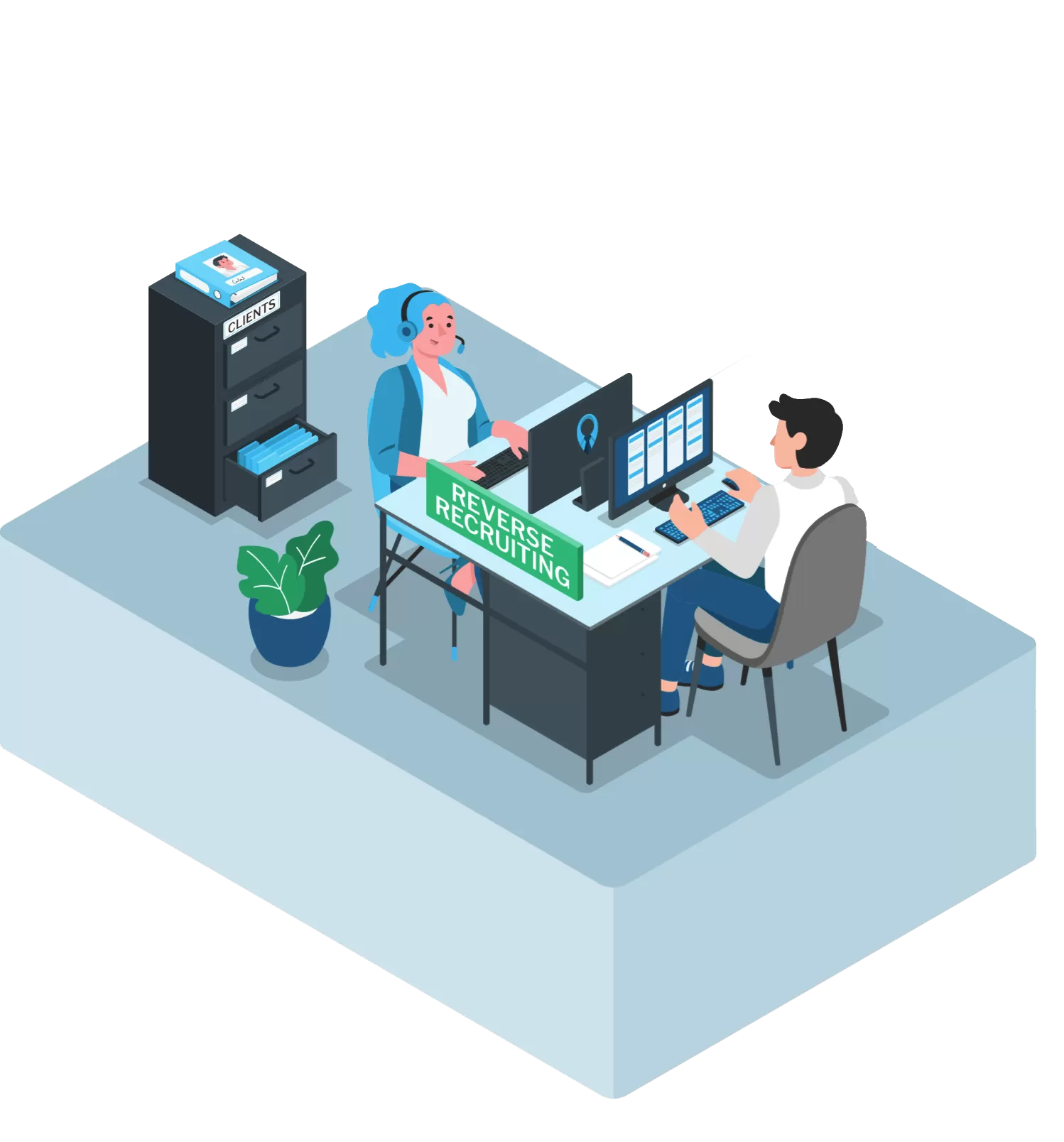 Illustration of a reverse recruiter at a 'Reverse Recruiting' desk working alongside a client