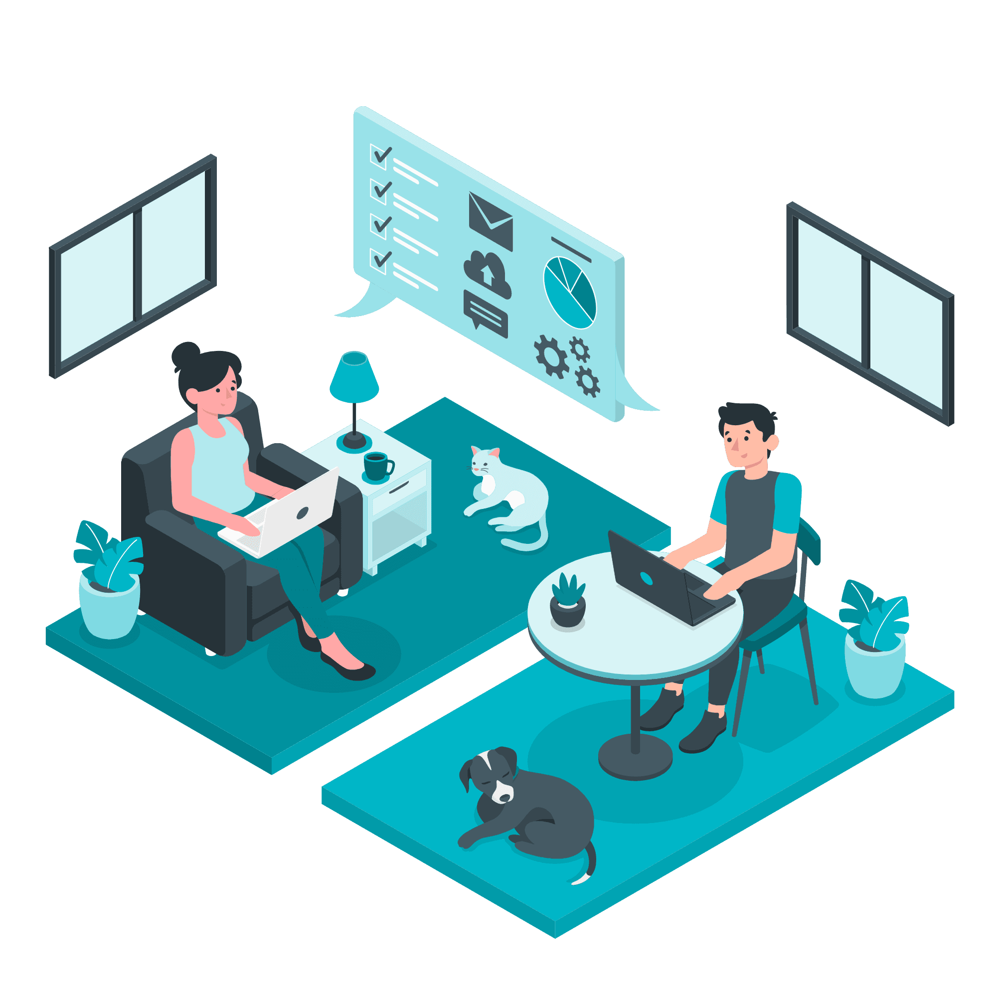 Illustration of two people relaxing at home while a checklist of job-search tasks gets handled